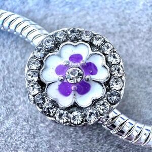 Silver Enamel Purple White Flower Bead Charm fits PANDORA